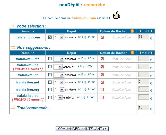 sélection des noms de domaine